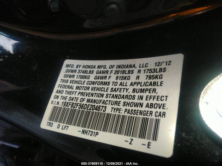 2013 HONDA CIVIC SDN LX 19XFB2F56DE204673