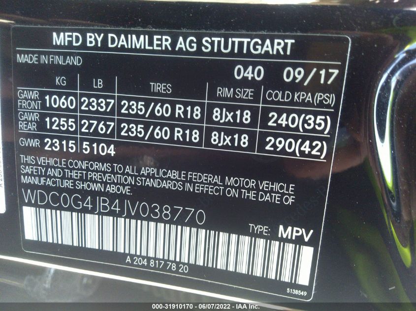 2018 MERCEDES-BENZ GLC GLC 300 WDC0G4JB4JV038770