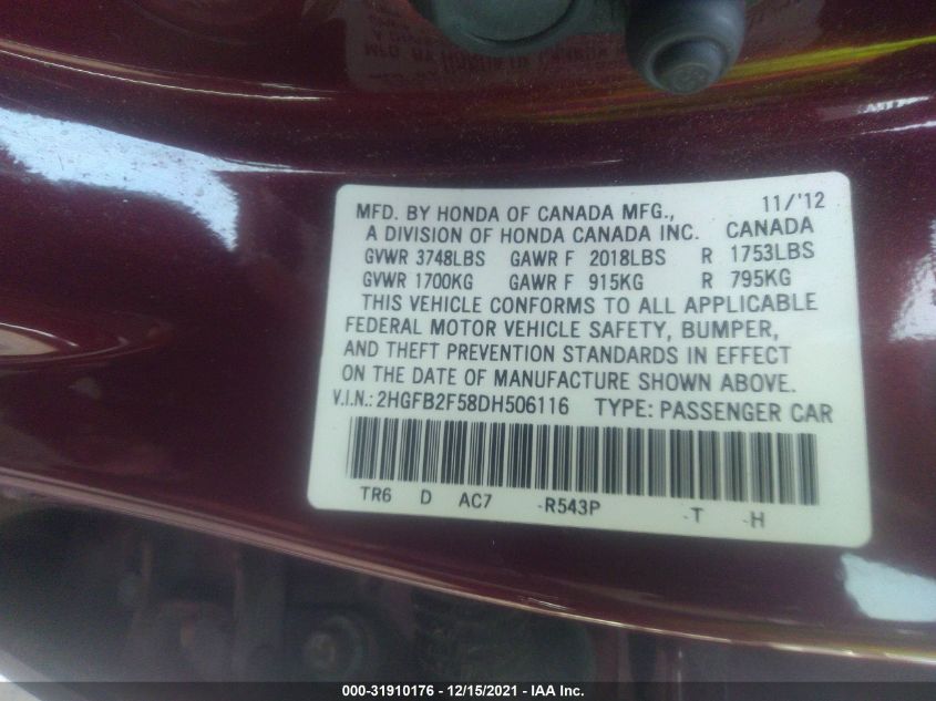 2013 HONDA CIVIC SDN LX 2HGFB2F58DH506116