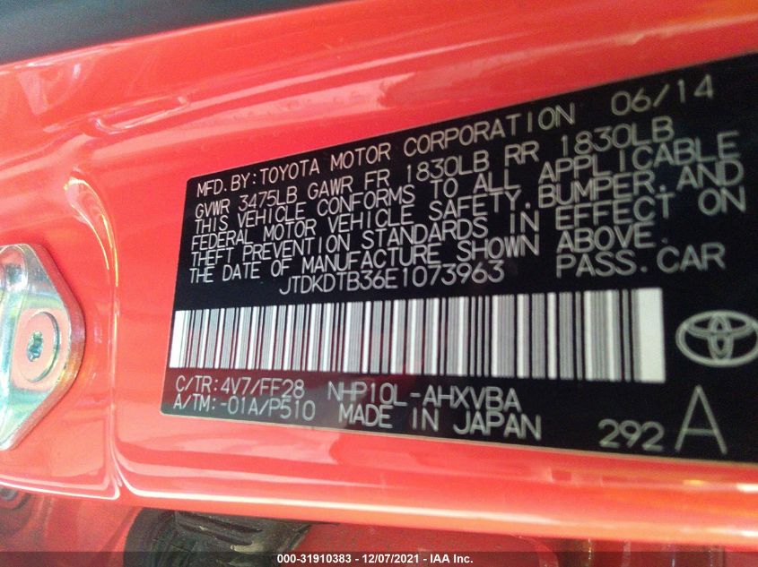 2014 TOYOTA PRIUS C ONE/THREE/TWO/FOUR JTDKDTB36E1073963