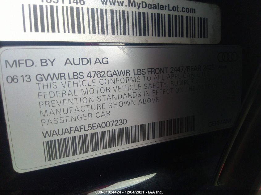 2014 AUDI A4 PREMIUM WAUAFAFL5EA007230