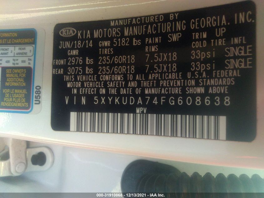 2015 KIA SORENTO EX 5XYKUDA74FG608638