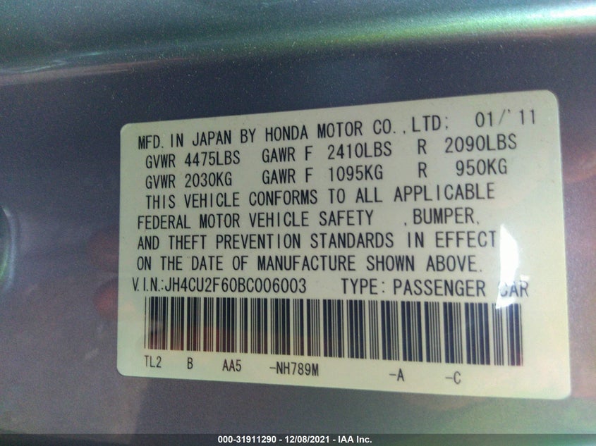 2011 ACURA TSX VIN: JH4CU2F60BC006003