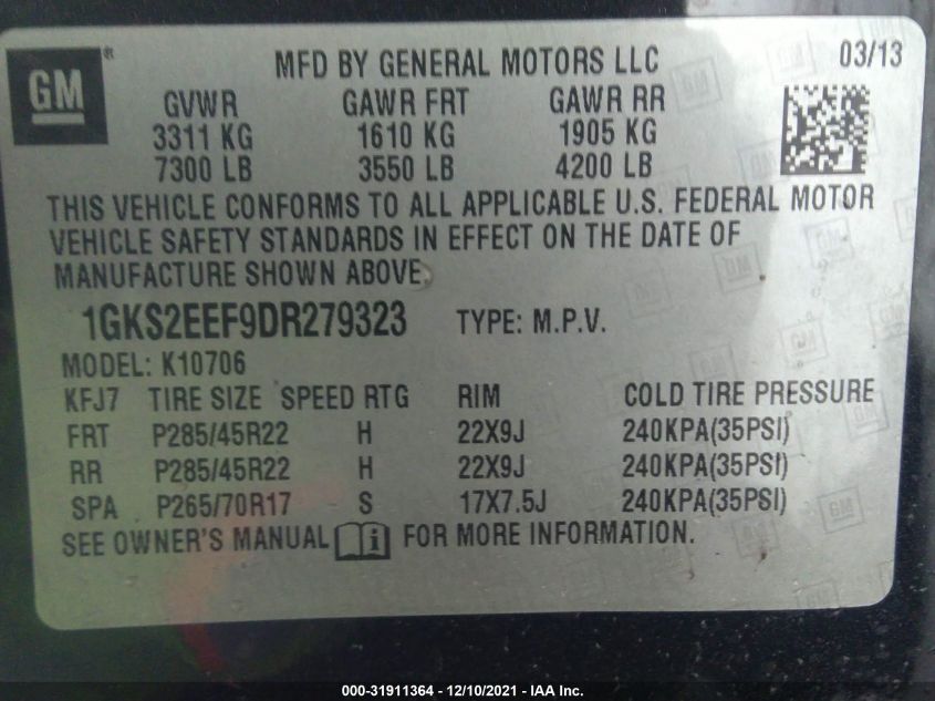 2013 GMC YUKON DENALI 1GKS2EEF9DR279323