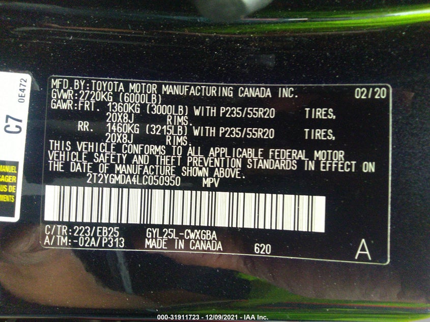 Auction sale of the 2020 Lexus RX , vin: 2T2YGMDA4LC050950, lot number: 31911723