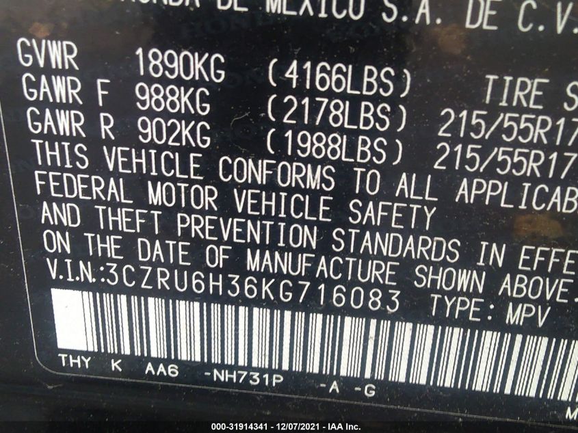 2019 HONDA HR-V LX 3CZRU6H36KG716083