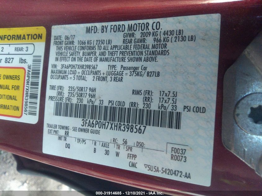 2017 FORD FUSION SE 3FA6P0H7XHR398567