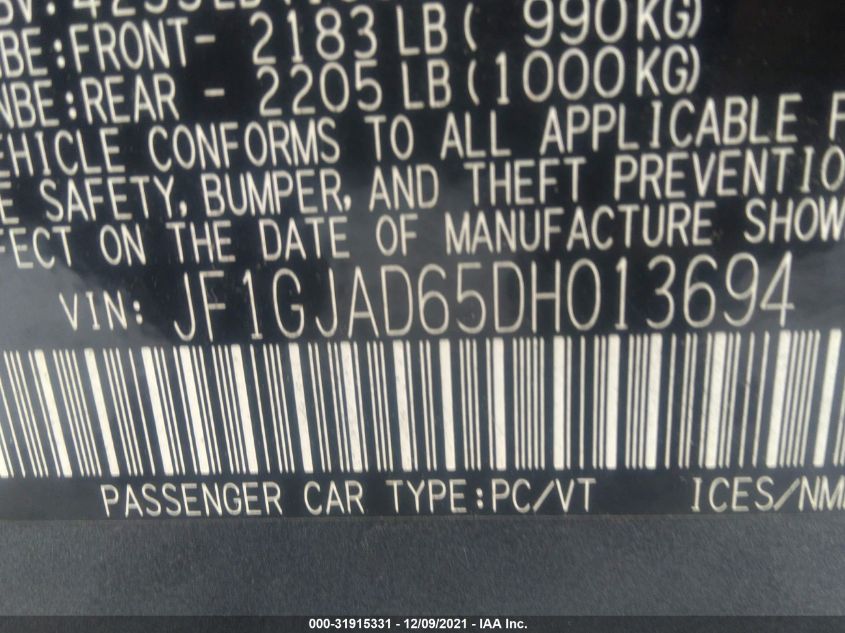 2013 SUBARU IMPREZA SEDAN PREMIUM JF1GJAD65DH013694