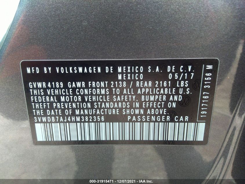 2017 VOLKSWAGEN JETTA 1.4T SE 3VWDB7AJ4HM382356