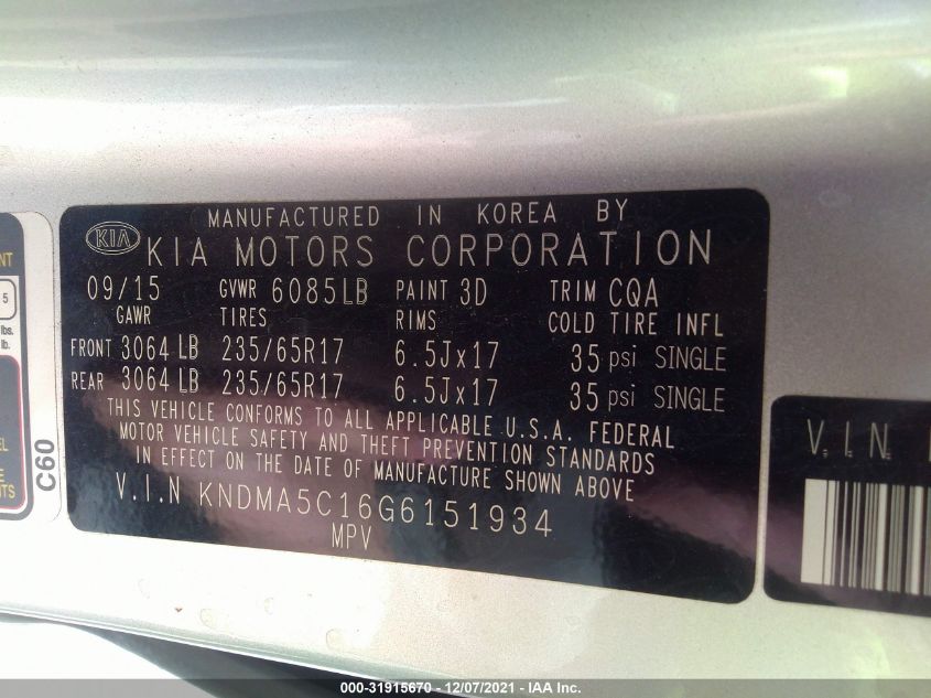 2016 KIA SEDONA L KNDMA5C16G6151934