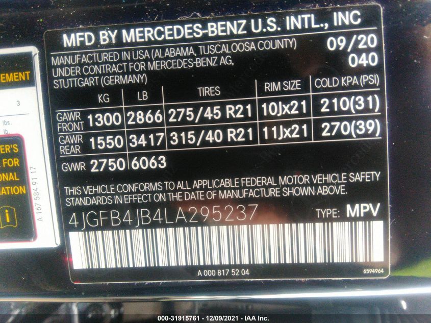 2020 MERCEDES-BENZ GLE GLE 350 4JGFB4JB4LA295237