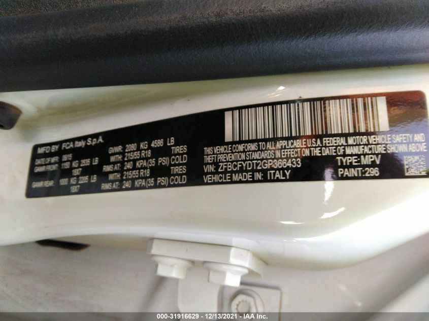 2016 FIAT 500X LOUNGE ZFBCFYDT2GP366433