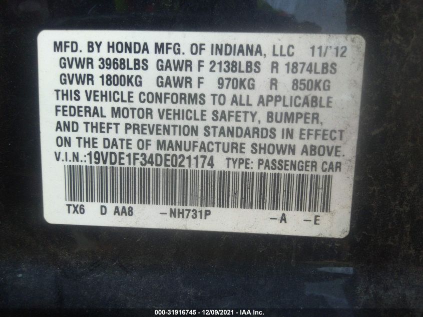 2013 ACURA ILX 19VDE1F34DE021174