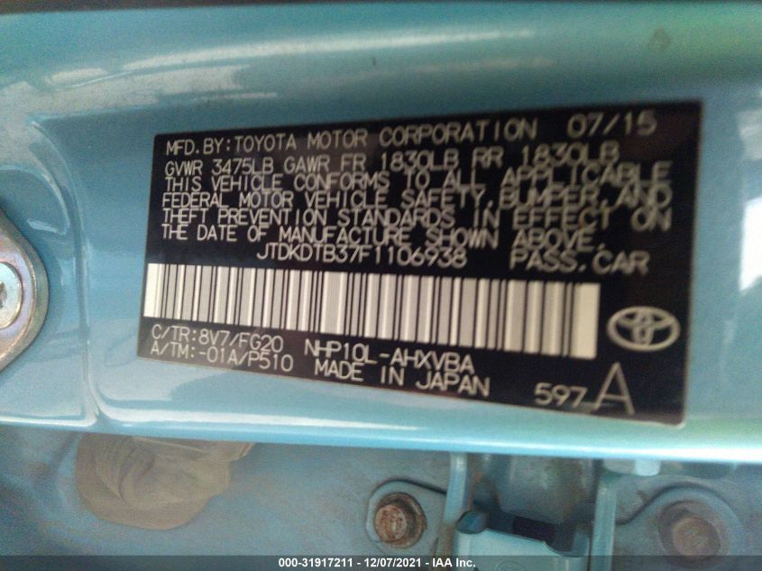 2015 TOYOTA PRIUS C ONE/TWO/THREE/FOUR JTDKDTB37F1106938