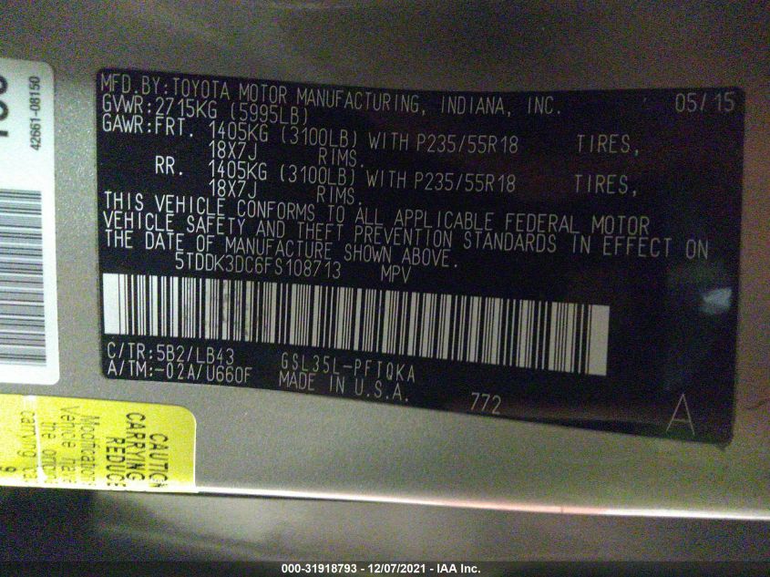 2015 TOYOTA SIENNA LTD 5TDDK3DC6FS108713