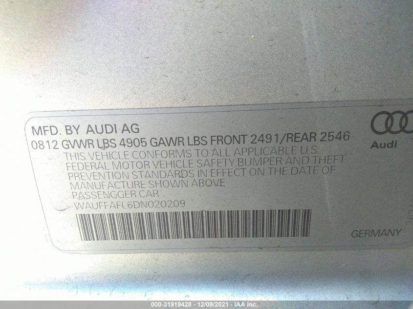 2013 AUDI A4 PREMIUM PLUS WAUFFAFL6DN020209