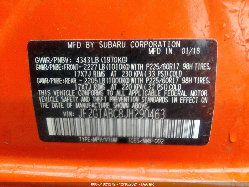 VIN JF2GTABC8JH290463 2018 SUBARU CROSSTREK PREMIUM