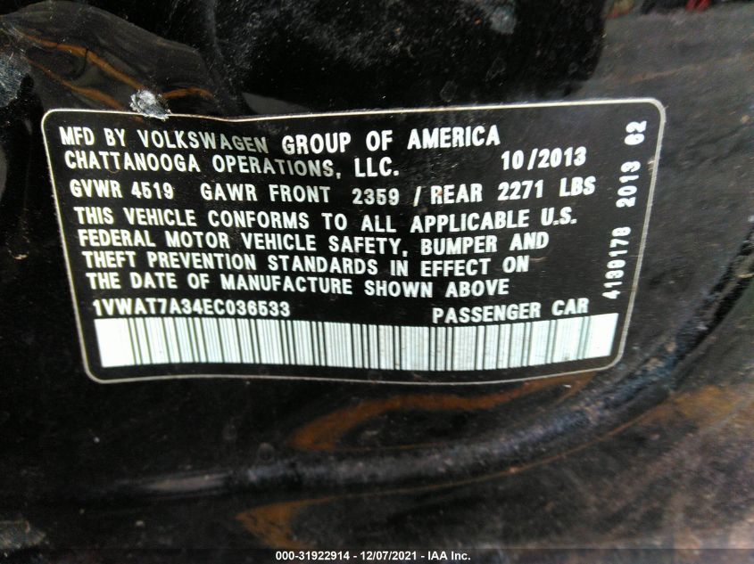 2014 VOLKSWAGEN PASSAT WOLFSBURG ED 1VWAT7A34EC036533