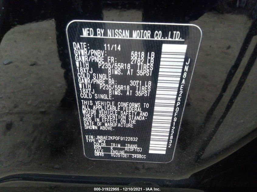 2015 NISSAN QUEST SL JN8AE2KP0F9122832