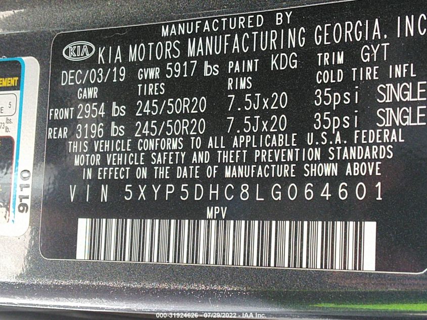 2020 KIA TELLURIDE SX 5XYP5DHC8LG064601