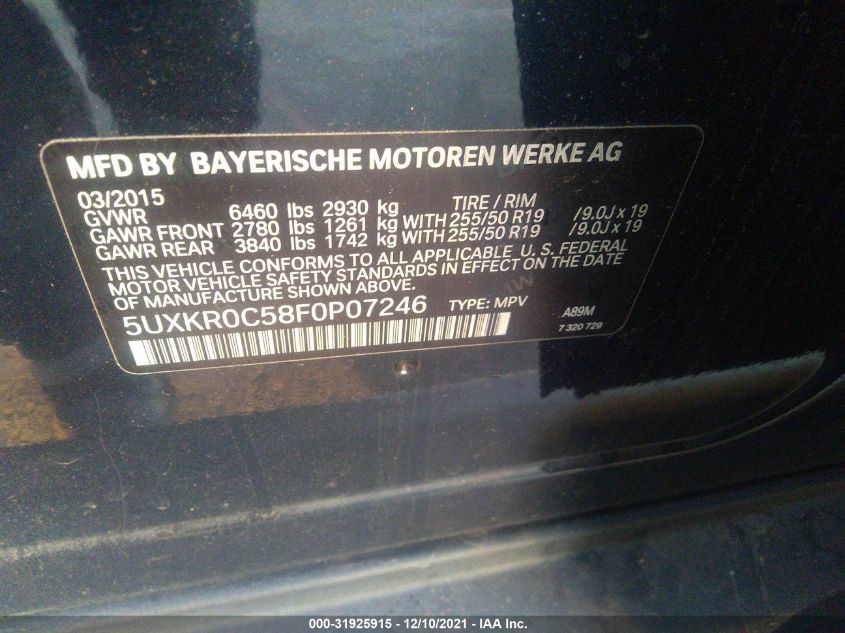 2015 BMW X5 XDRIVE35I 5UXKR0C58F0P07246