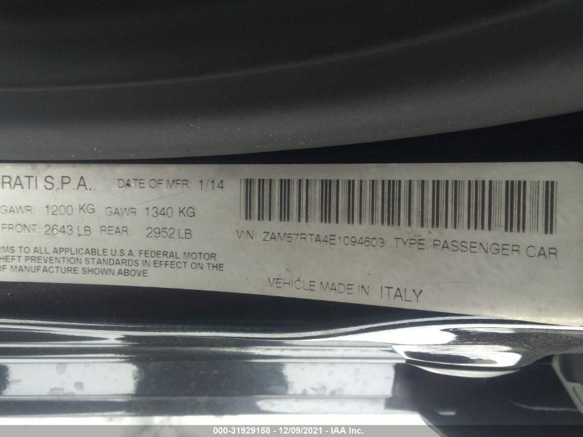 2014 MASERATI GHIBLI S Q4 ZAM57RTA4E1094603