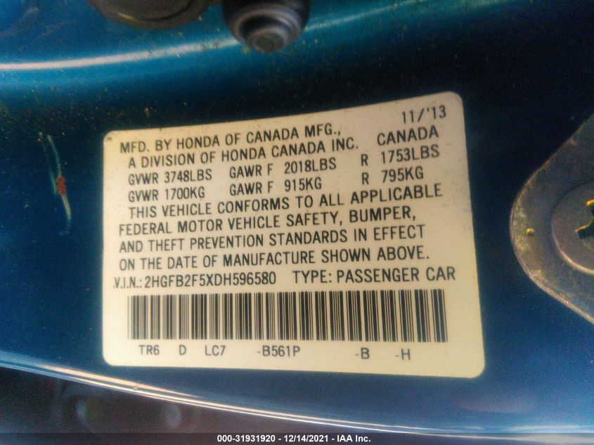 2013 HONDA CIVIC SDN LX 2HGFB2F5XDH596580