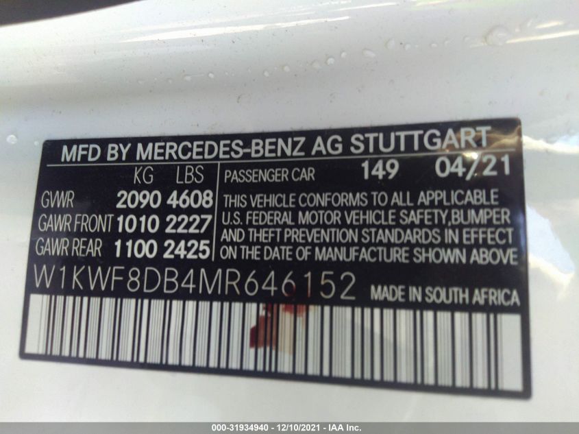 2021 MERCEDES-BENZ C-CLASS C 300 W1KWF8DB4MR646152