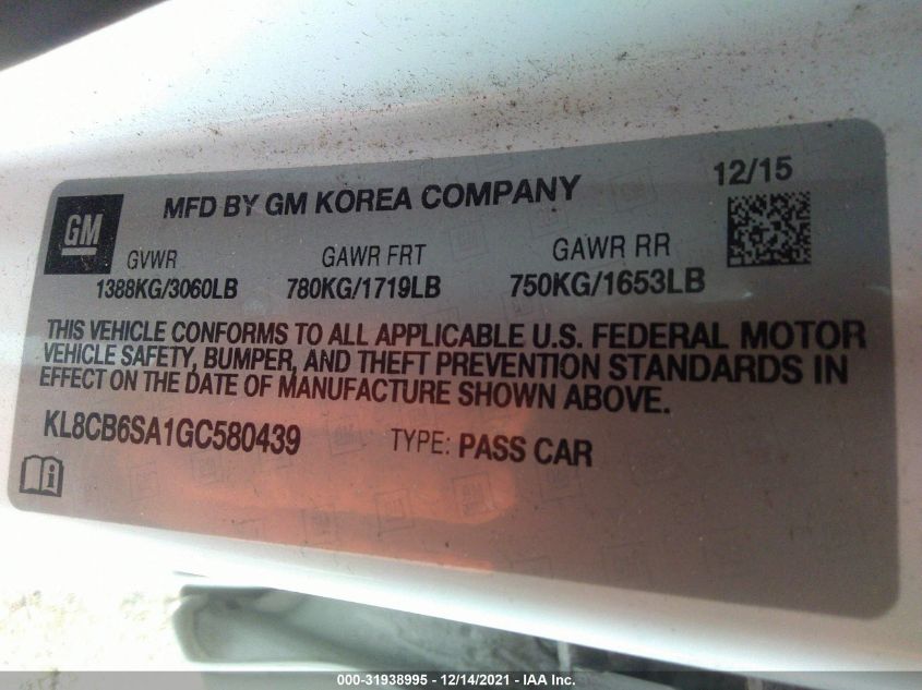 2016 CHEVROLET SPARK LS KL8CB6SA1GC580439
