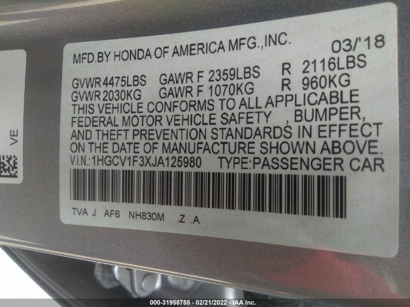 2018 HONDA ACCORD SPORT - 1HGCV1F3XJA125980