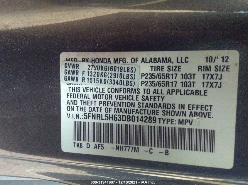2013 HONDA ODYSSEY EX-L 5FNRL5H63DB014289