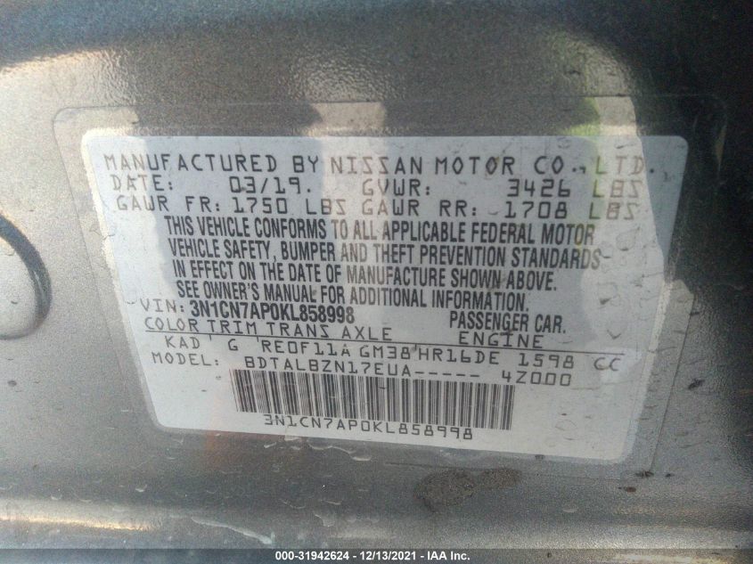 2019 NISSAN VERSA SEDAN SV 3N1CN7AP0KL858998