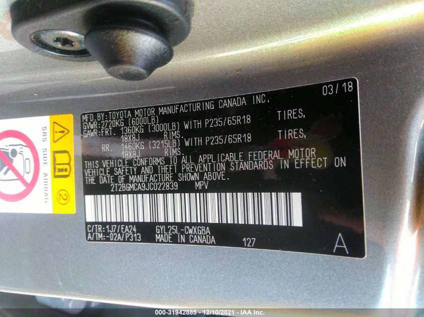 Auction sale of the 2018 LEXUS RX , vin: 2T2BGMCA9JC022839, lot number: 31942885