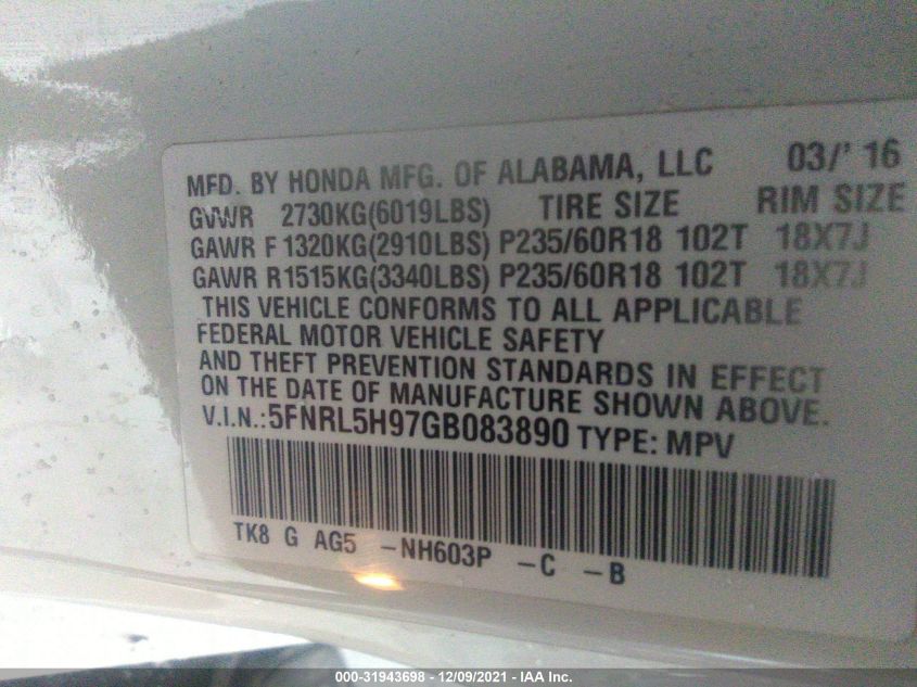 2016 HONDA ODYSSEY TOURING 5FNRL5H97GB083890