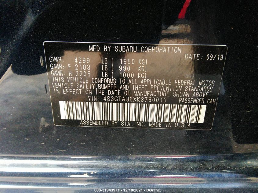 2019 SUBARU IMPREZA LIMITED 4S3GTAU6XK3760013