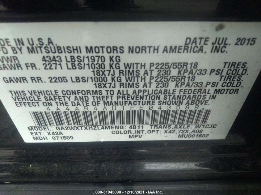 2015 MITSUBISHI OUTLANDER SPORT SE 4A4AR4AU1FE043589
