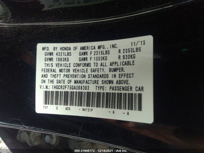 2016 HONDA ACCORD SEDAN EX 1HGCR2F75GA068383