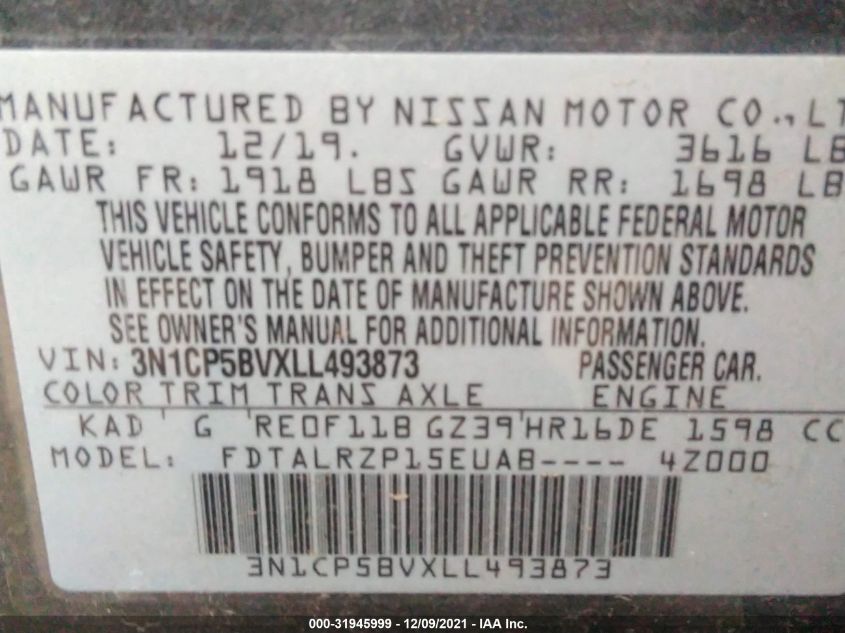 2020 NISSAN KICKS S 3N1CP5BVXLL493873