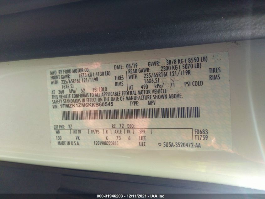 2019 FORD TRANSIT PASSENGER WAGON XL/XLT 1FMZK1ZM6KKB60545