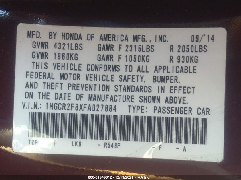 2015 HONDA ACCORD SEDAN EX-L 1HGCR2F8XFA027884
