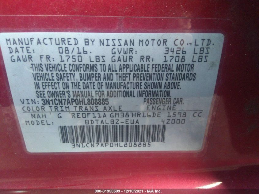 2017 NISSAN VERSA SEDAN S/S PLUS/SL/SV 3N1CN7AP0HL808885