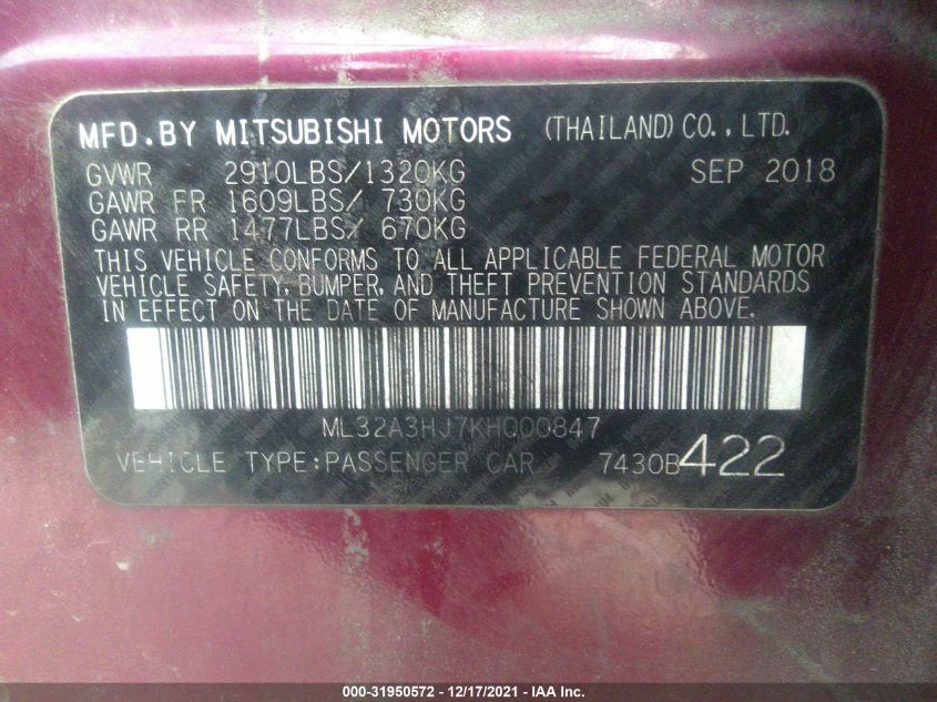 2019 MITSUBISHI MIRAGE ES/RF ML32A3HJ7KH000847
