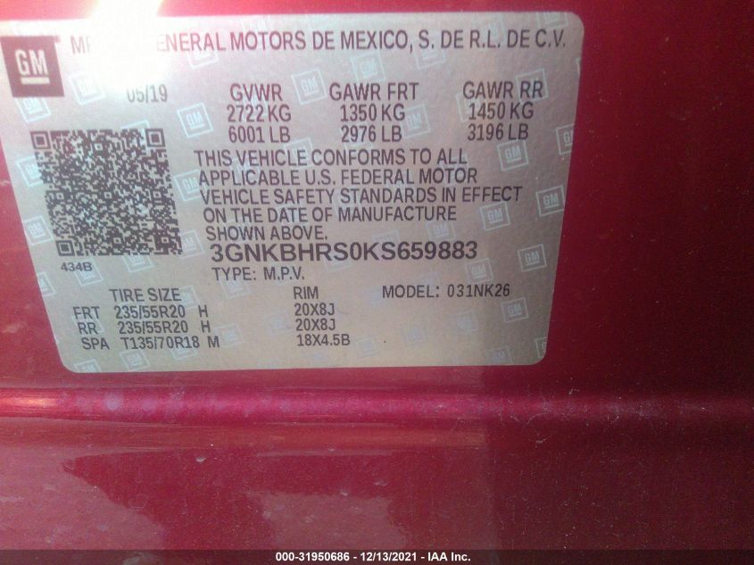 2019 CHEVROLET BLAZER 3GNKBHRS0KS659883
