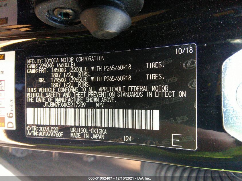 2019 LEXUS GX GX 460 JTJBM7FX4K5217239