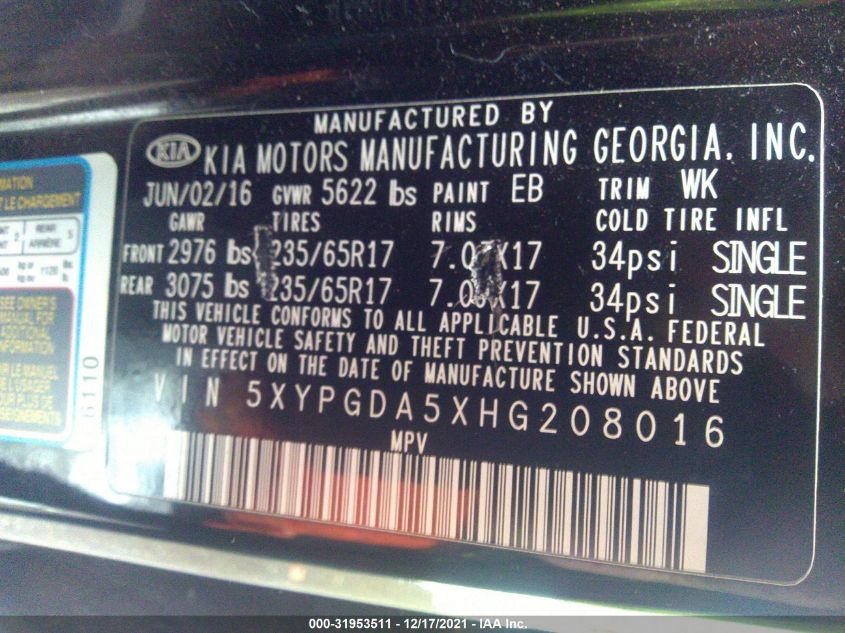 2017 KIA SORENTO LX V6 5XYPGDA5XHG208016