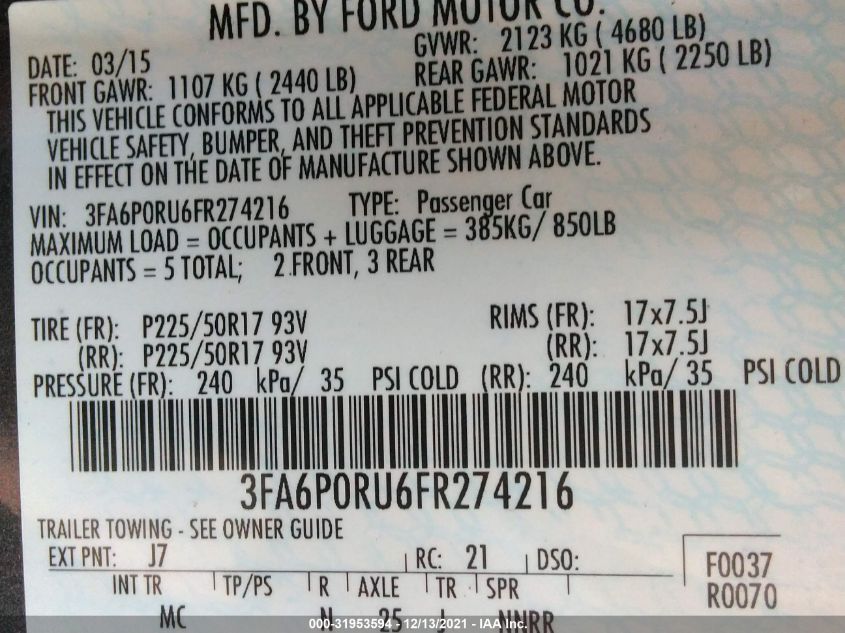 2015 FORD FUSION TITANIUM HYBRID 3FA6P0RU6FR274216