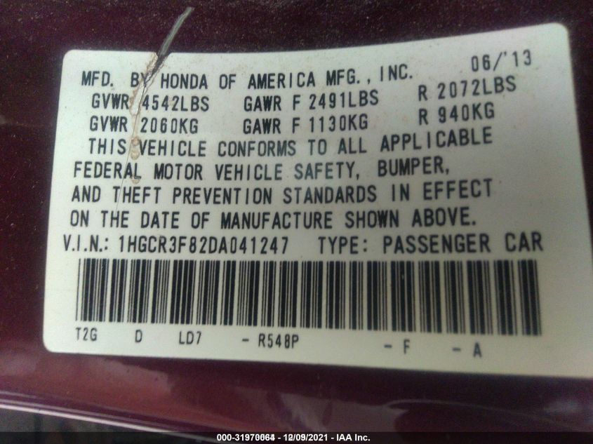 2013 HONDA ACCORD SDN EX-L 1HGCR3F82DA041247