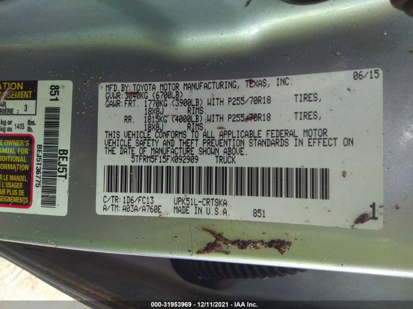 2015 TOYOTA TUNDRA 2WD TRUCK SR/SR5 5TFRM5F15FX092909
