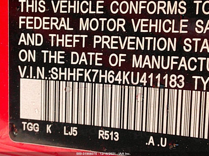 2019 HONDA CIVIC HATCHBACK EX SHHFK7H64KU411183