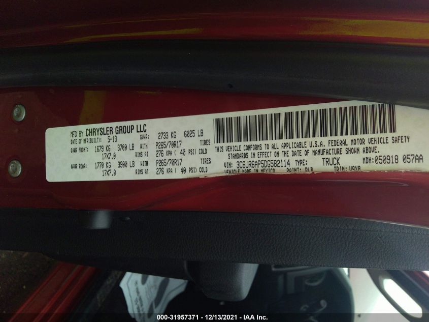 2013 RAM 1500 TRADESMAN 3C6JR6AP5DG582114